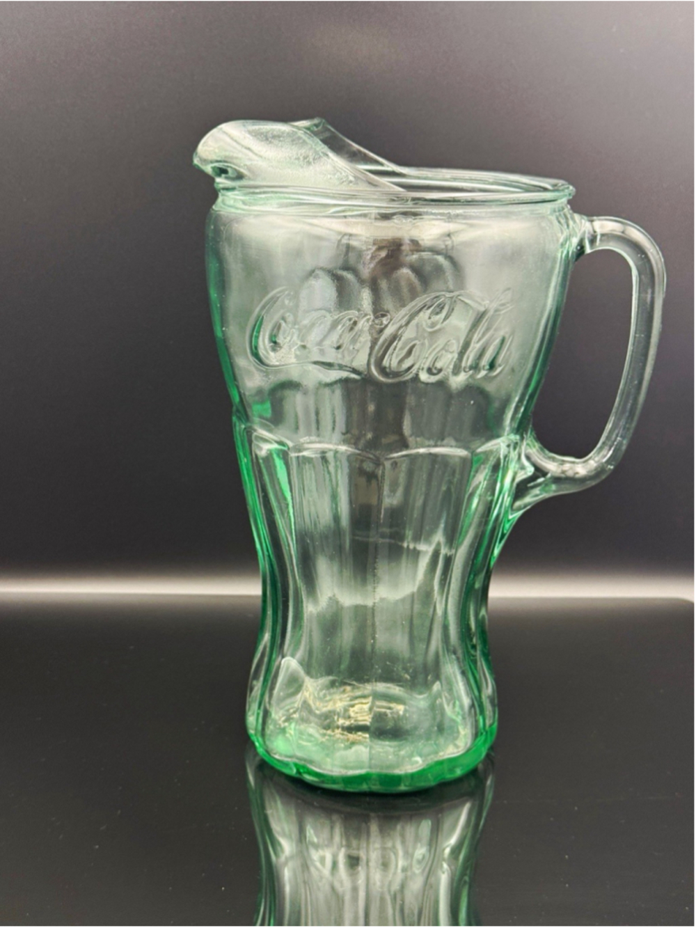 Coca-Cola Embossed Green Tint Glass Pitcher 64 oz Handle Spout 10 in